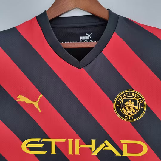 Manchester City Away Jersey 2022/23 – Black & Red Stripes Football Shirt