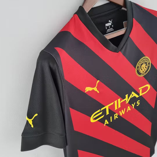 Manchester City Away Jersey 2022/23 – Black & Red Stripes Football Shirt