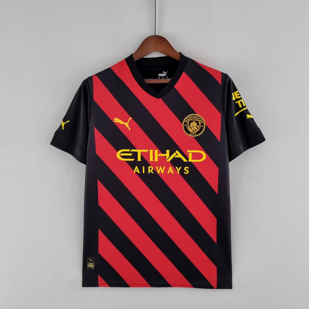 Manchester City Away Jersey 2022/23 – Black & Red Stripes Football Shirt